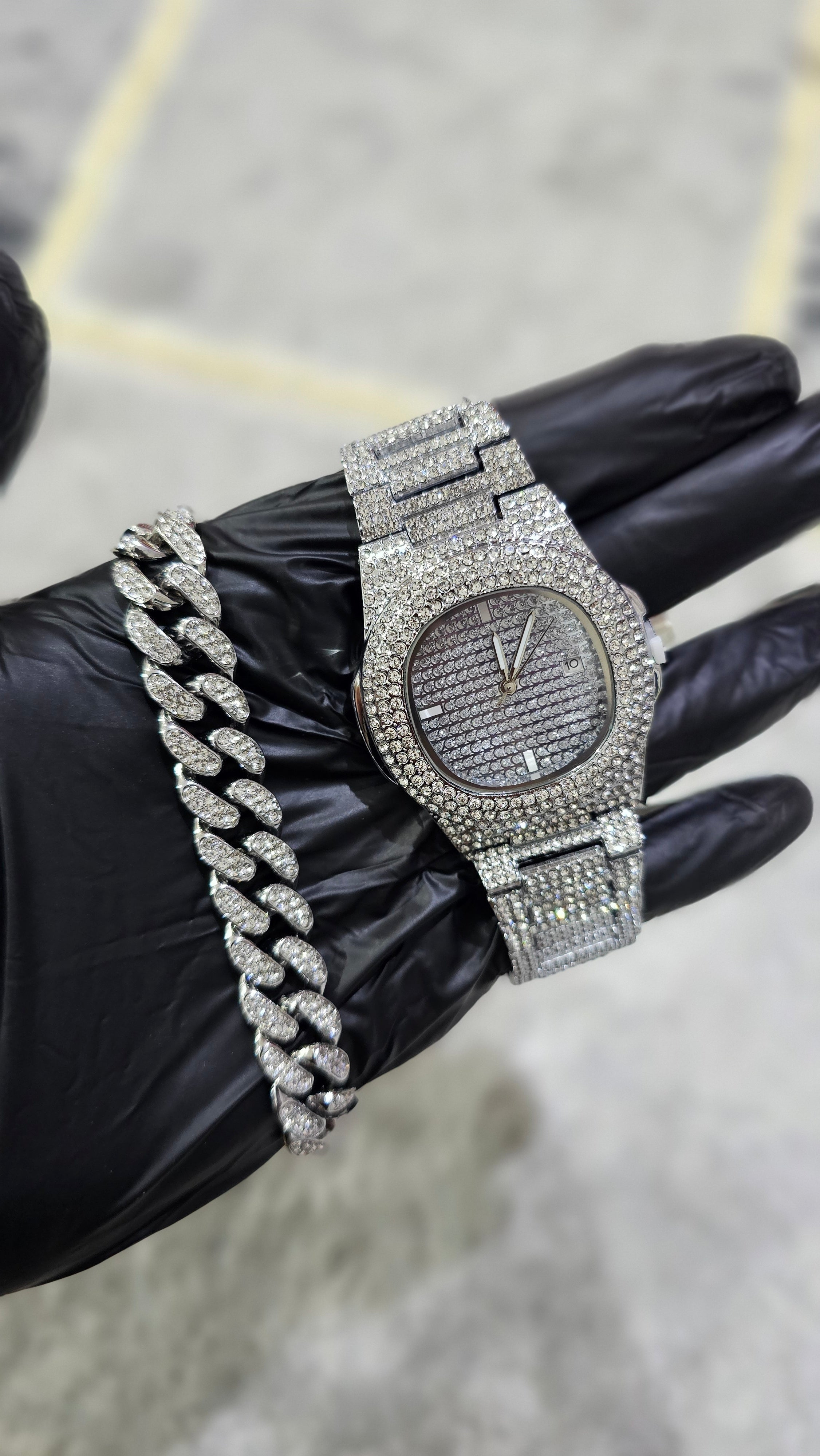 🔥 Luxury Iced-Out Watch & Cuban Bracelet Set – Gold & Silver Bling Jewelry ⌚💎