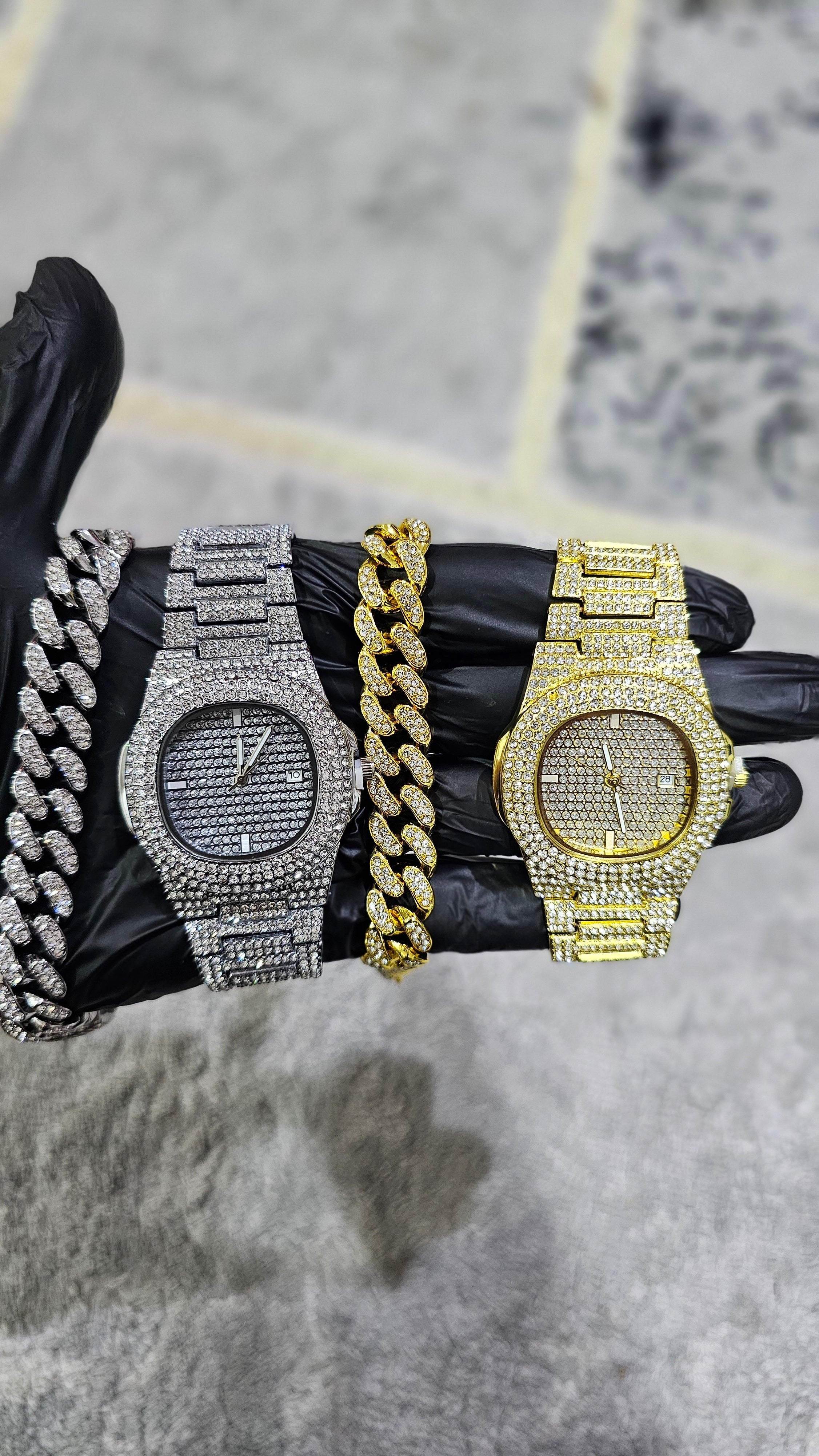 🔥 Luxury Iced-Out Watch & Cuban Bracelet Set – Gold & Silver Bling Jewelry ⌚💎