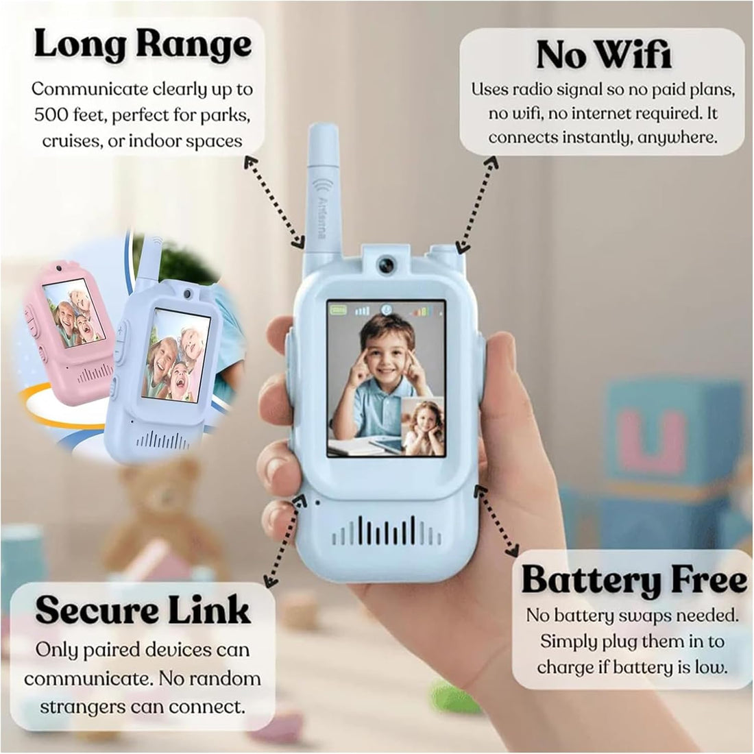 📷🎙️ Video Walkie Talkies for Kids 2 Pack(Blue&Pink) – HD Camera, Voice Changer, Screen Display & Two-Way Video Communication Toy