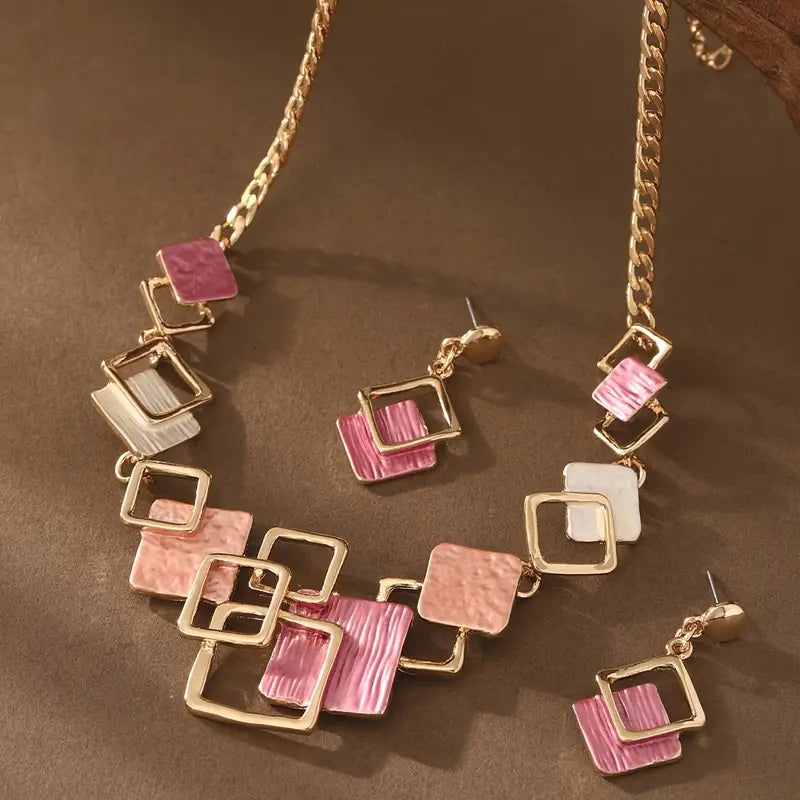 Women’s Geometric Jewelry Set – Enamel Necklace & Earrings Set