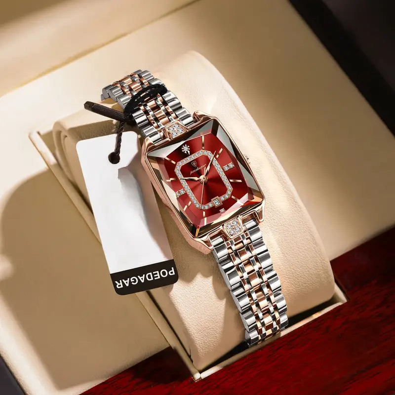 Women’s Luxury Waterproof Watch – Elegant Rectangular Stainless Steel Quartz Watch with Date Display, Zinc Alloy Case & Stylish Bracelet Strap