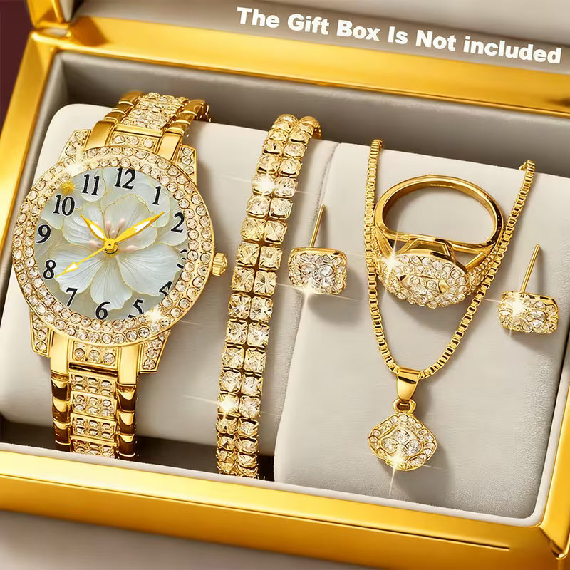 ⌚💎 6pcs Minimalist Quartz Watch & Jewelry Gift Set – Stainless Steel Shockproof Wristwatch with Matching Necklace, Earrings, Bracelet & Ring | Elegant Luxury Set for Women