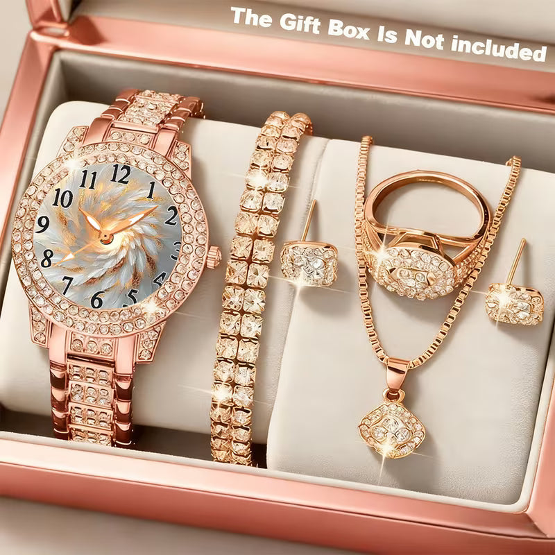 ⌚💎 6pcs Minimalist Quartz Watch & Jewelry Gift Set – Stainless Steel Shockproof Wristwatch with Matching Necklace, Earrings, Bracelet & Ring | Elegant Luxury Set for Women