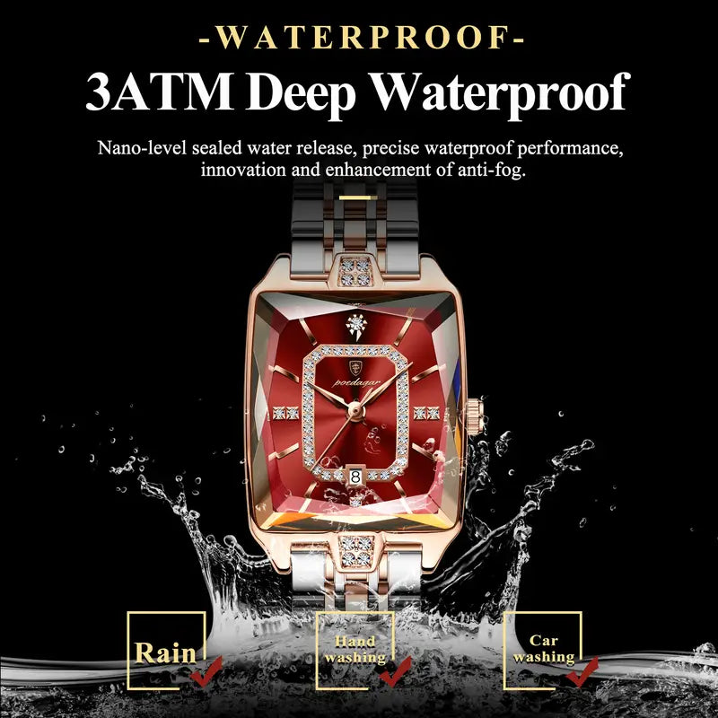 Women’s Luxury Waterproof Watch – Elegant Rectangular Stainless Steel Quartz Watch with Date Display, Zinc Alloy Case & Stylish Bracelet Strap