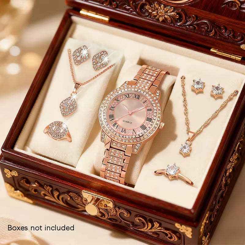 ✨ 9PCS Women’s Elegant Quartz Watch & Jewelry Set – Fashion Alloy Wristwatch with Shiny Necklaces, Rings & Earrings | Perfect Gift for Valentine’s Day, Ramadan & Christmas 🎁