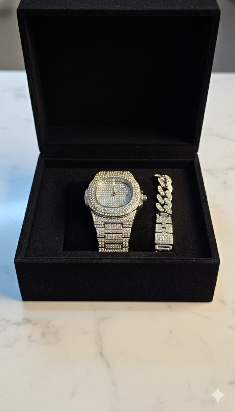 🔥 Luxury Iced-Out Watch & Cuban Bracelet Set – Gold & Silver Bling Jewelry ⌚💎