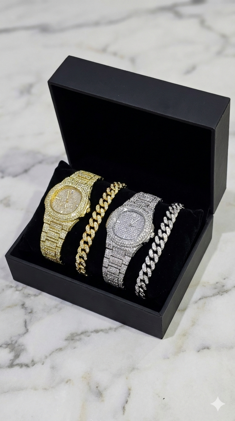 🔥 Luxury Iced-Out Watch & Cuban Bracelet Set – Gold & Silver Bling Jewelry ⌚💎