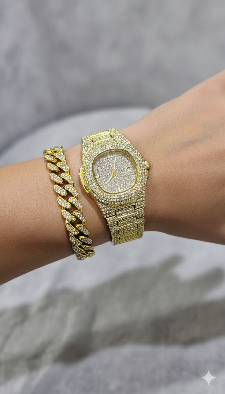 🔥 Luxury Iced-Out Watch & Cuban Bracelet Set – Gold & Silver Bling Jewelry ⌚💎