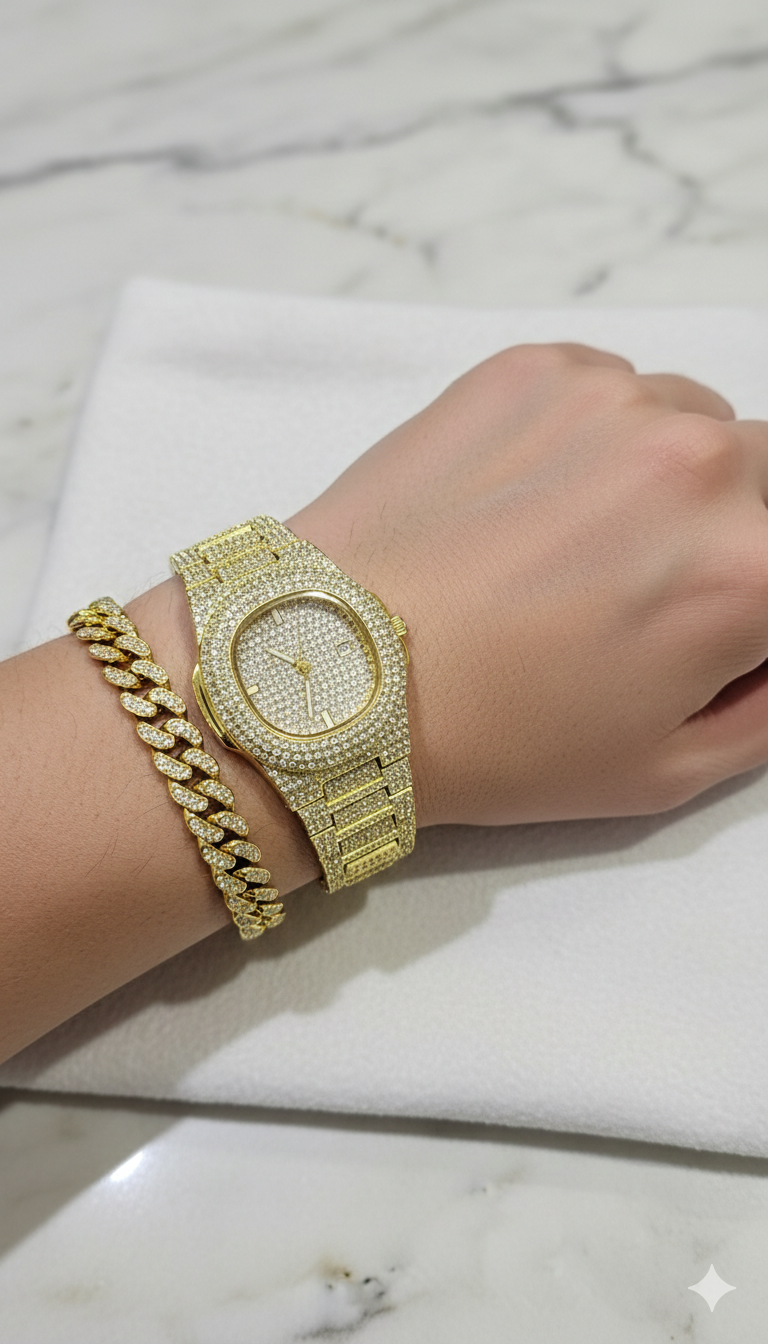🔥 Luxury Iced-Out Watch & Cuban Bracelet Set – Gold & Silver Bling Jewelry ⌚💎