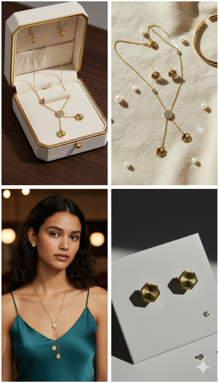 Elegant Hexagon Gold Necklace & Stud Earrings Set ✨ | Minimalist Geometric Jewelry for Women | Perfect Gift