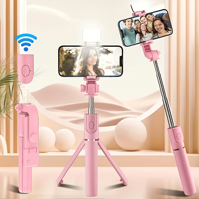 3-in-1 Telescopic Selfie Stick with Tripod & Wireless Remote-Pink