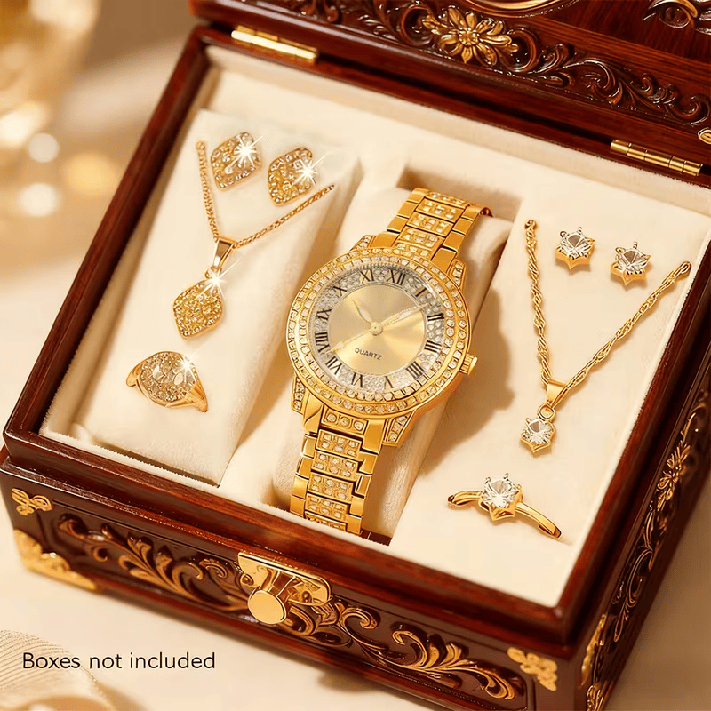 ✨ 9PCS Women’s Elegant Quartz Watch & Jewelry Set – Fashion Alloy Wristwatch with Shiny Necklaces, Rings & Earrings | Perfect Gift for Valentine’s Day, Ramadan & Christmas 🎁