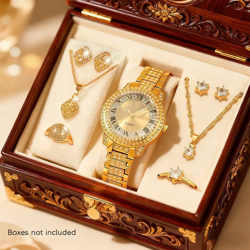 ✨ 9PCS Women’s Elegant Quartz Watch & Jewelry Set – Fashion Alloy Wristwatch with Shiny Necklaces, Rings & Earrings | Perfect Gift for Valentine’s Day, Ramadan & Christmas 🎁