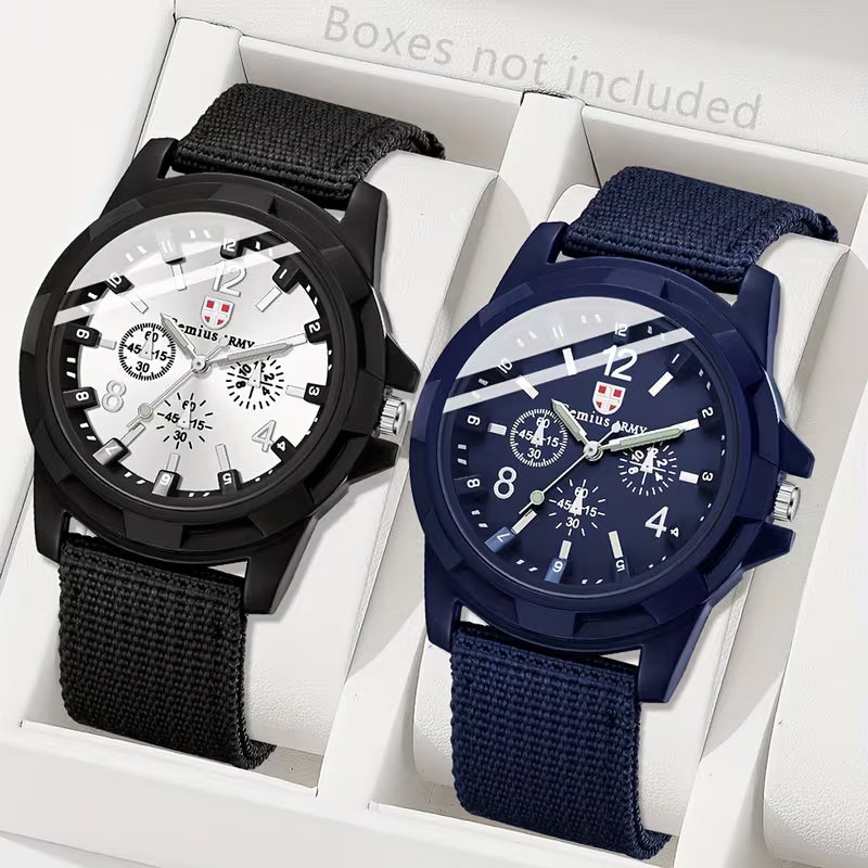 ⌚🔥 Set of 2 Men’s Casual Quartz Watches – Canvas Strap Analog Watch with Digital-Style Dial | Versatile Everyday Wristwatch Set