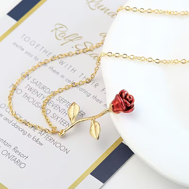 🌹 Women’s Minimalist Rose Necklace – Elegant Red Floral Pendant | Perfect Valentine’s Day Gift 💖